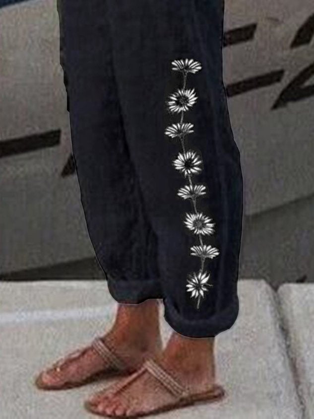Women Casual Loosen Pockets Floral Pants