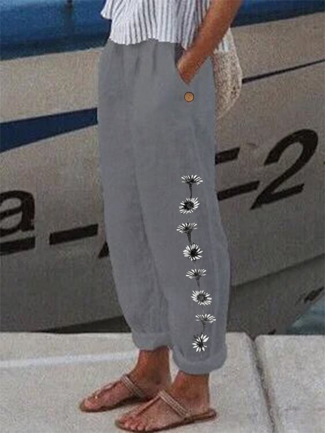 Women Casual Loosen Pockets Floral Pants