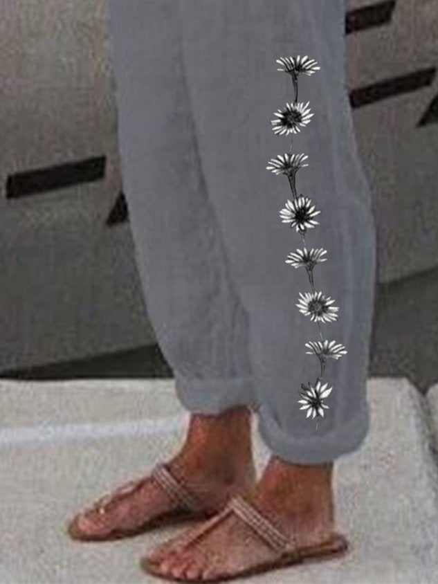 Women Casual Loosen Pockets Floral Pants