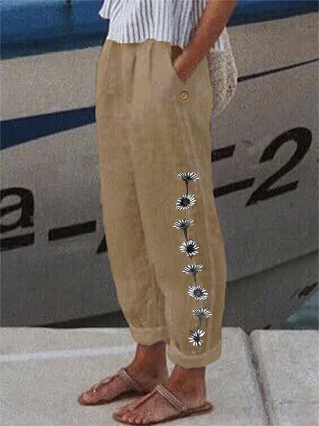Women Casual Loosen Pockets Floral Pants