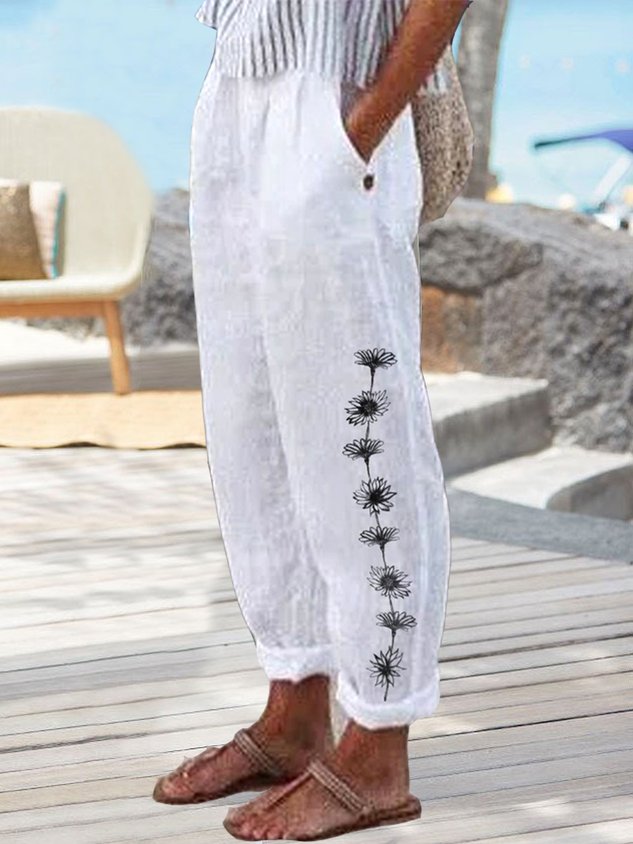 Women Casual Loosen Pockets Floral Pants