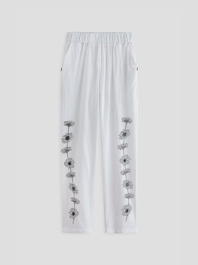 Women Casual Loosen Pockets Floral Pants