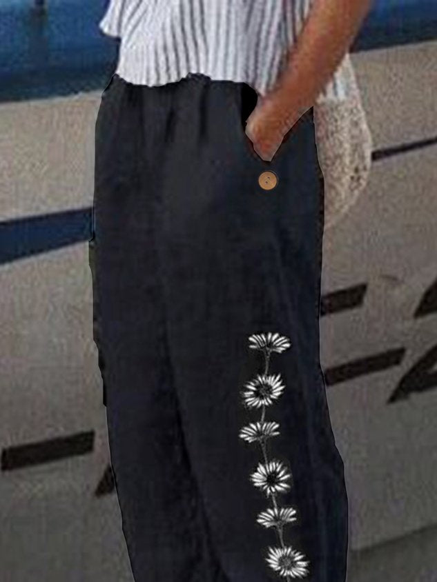 Women Casual Loosen Pockets Floral Pants