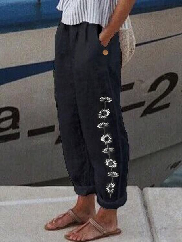 Women Casual Loosen Pockets Floral Pants