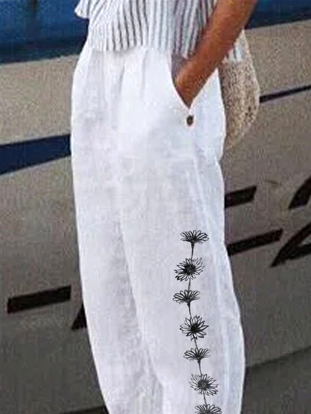 Women Casual Loosen Pockets Floral Pants